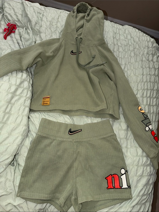 Nike Pants - Nike Olive Green Ribbed Hoodie & Shorts Set